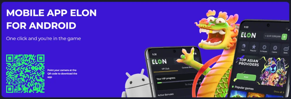 ElonBet mobile app for Android download banner with QR code.