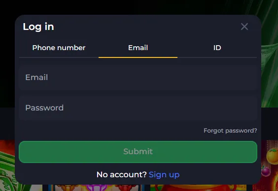 ElonBet secure account login window with multiple sign-in options.